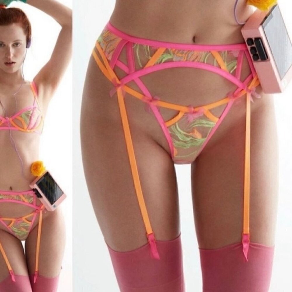 NWT For Love & Lemons Tulip Neon Embroidery Thong Panty - XXS